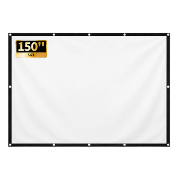 Pantalla de proyección portátil Zoomly de 150 pulgadas, tela blanca 16:9 lisa con borde negro y ojales metálicos.