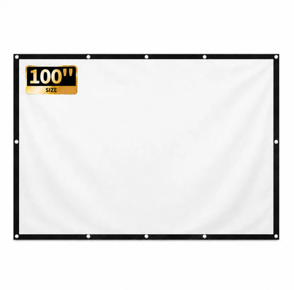 Zoomly 100-inch portable projection screen, blank white 16:9 fabric with black border, metal grommets and a gold 100″ size label.